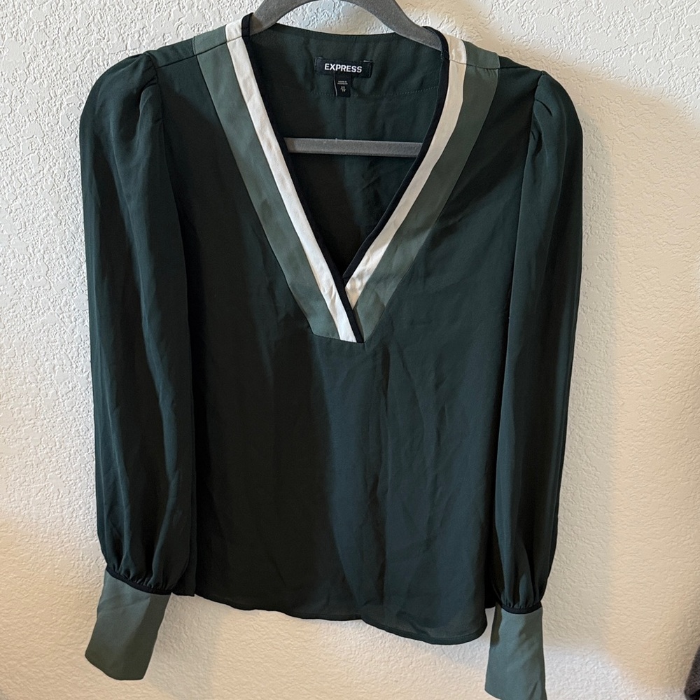 Express Women's Dark Green Blouse with White Trim